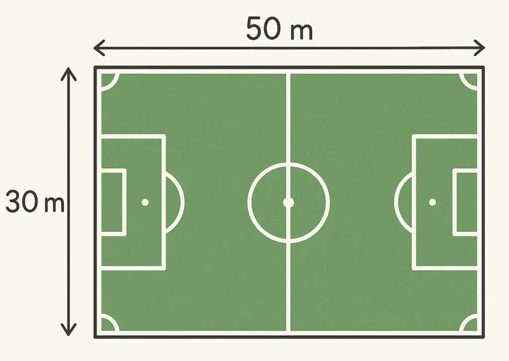 Schéma d’un terrain de football de 50 m de long et 30 m de large avec les dimensions indiquées pour expliquer comment calculer l’aire d'un rectangle