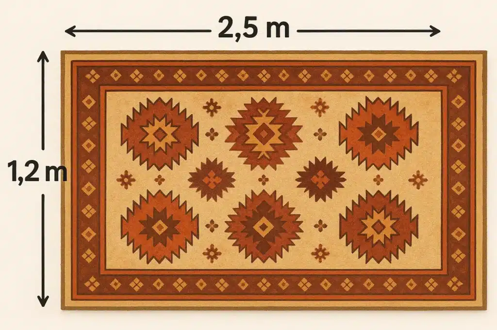 Tapis de salon rectangulaire coloré avec dimensions 2,5 m de long et 1,2 m de large, schéma éducatif pour calculer l’aire.