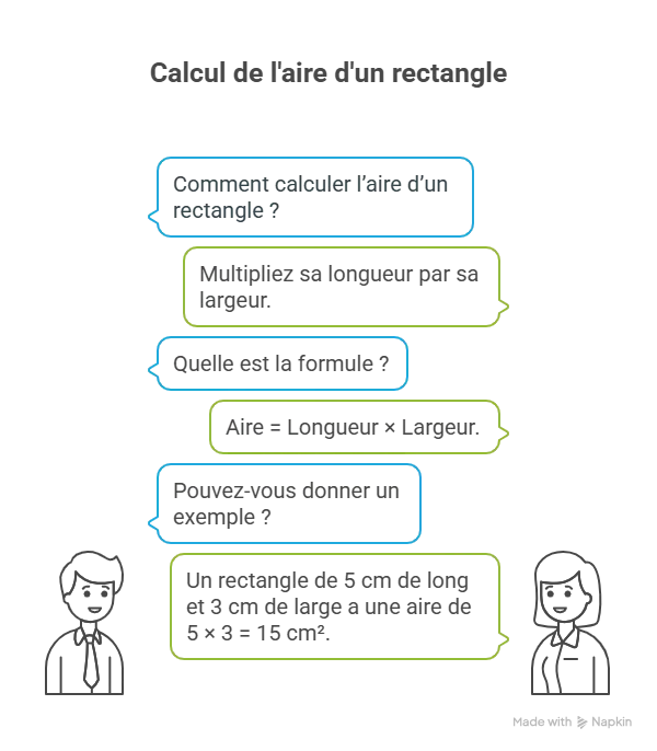 Exercice sur l’aire du rectangle : calculer l’aire en utilisant la formule L × l avec un exemple illustré pour les élèves
