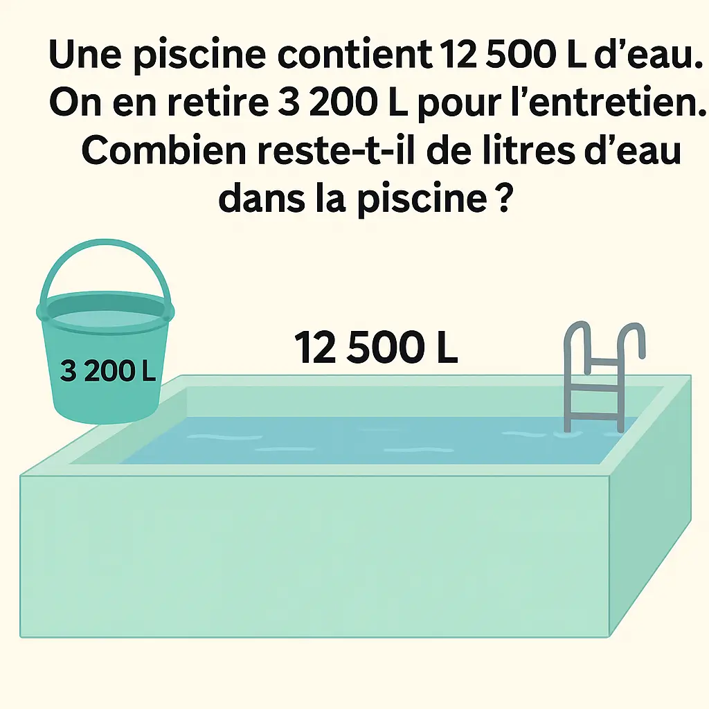 Exercices à imprimer CM2 illustrés : problème de mathématiques sur une piscine contenant 12 500 L d’eau dont 3 200 L sont retirés pour l’entretien.
