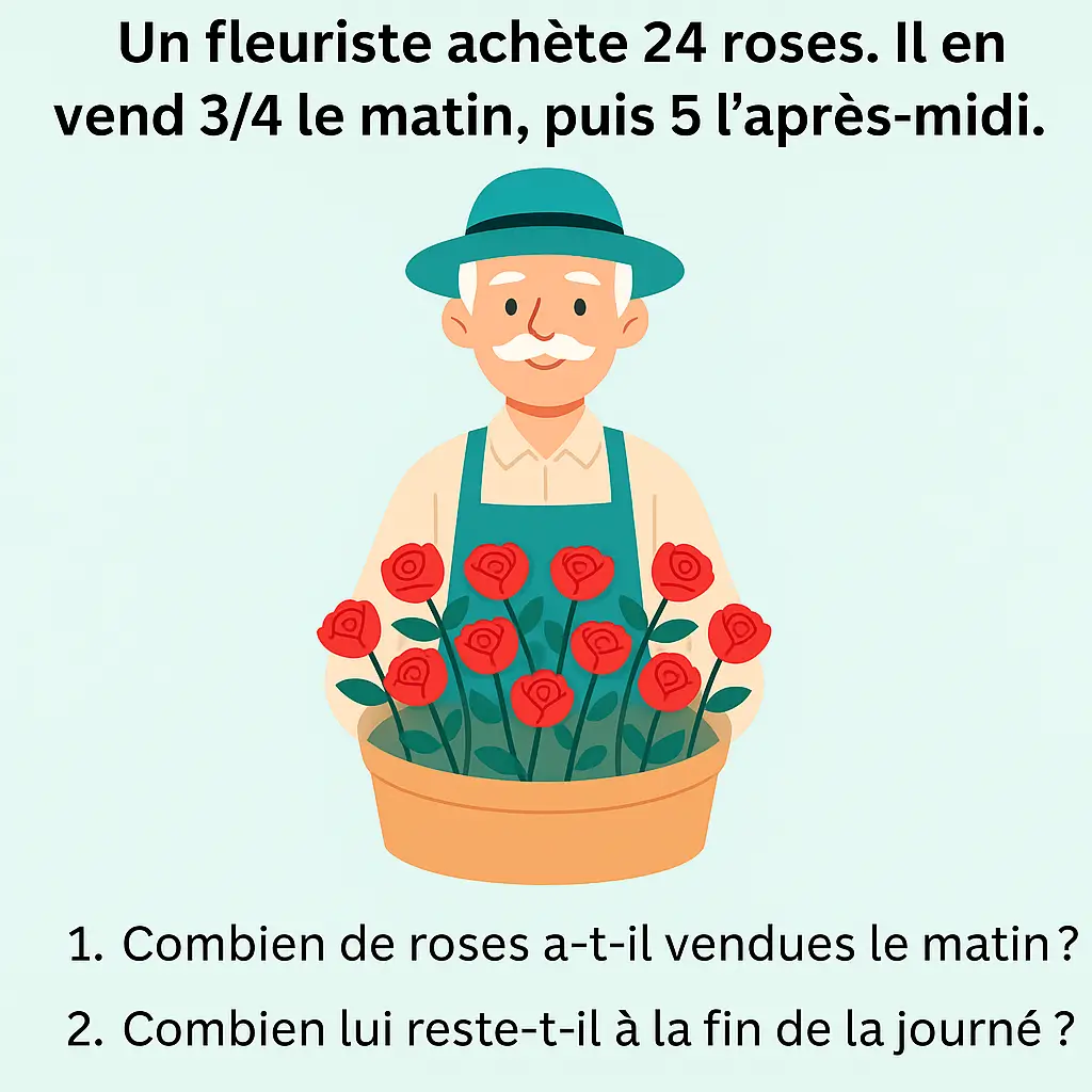 Exercices à imprimer CM2 illustrés : problème de mathématiques avec un fleuriste et 24 roses, dont une partie est vendue le matin et l’après-midi.