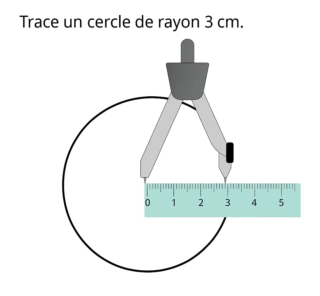 Exercices à imprimer CM2 : illustration du tracé d’un cercle de rayon 3 cm avec un compas correctement placé entre 0 et 3 cm sur la règle.