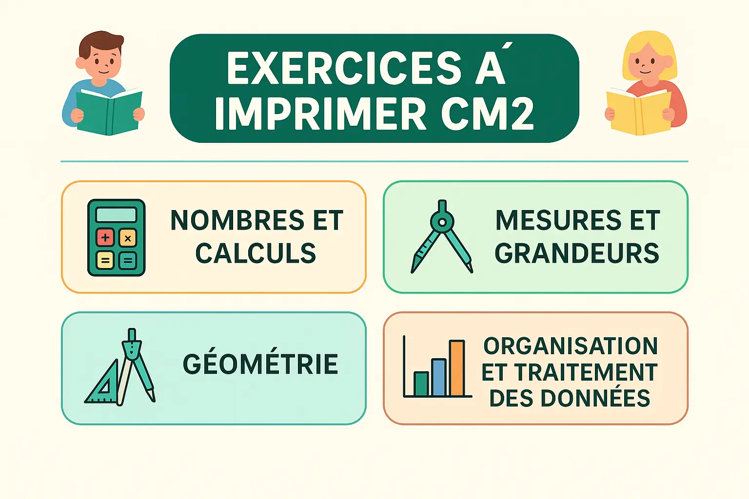 Exercices à imprimer CM2 : illustration des chapitres de mathématiques avec nombres et calculs, géométrie, grandeurs et mesures, organisation et gestion de données.