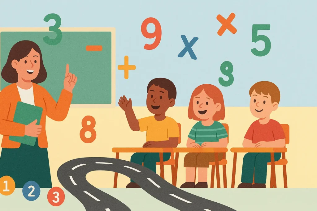 En route pour le calcul mental en 6e primaire : illustration colorée avec élèves, chiffres et symboles mathématiques pour représenter l’apprentissage ludique.