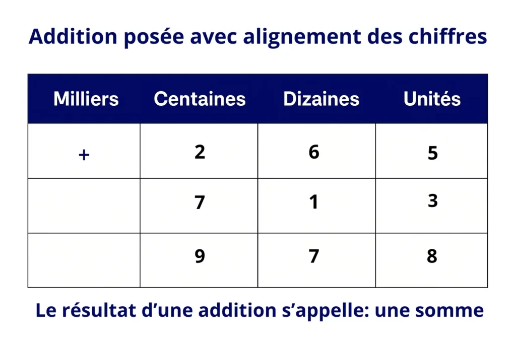 Évaluation addition et soustraction CM1 PDF : exemple d’addition posée avec alignement des unités, dizaines, centaines et milliers