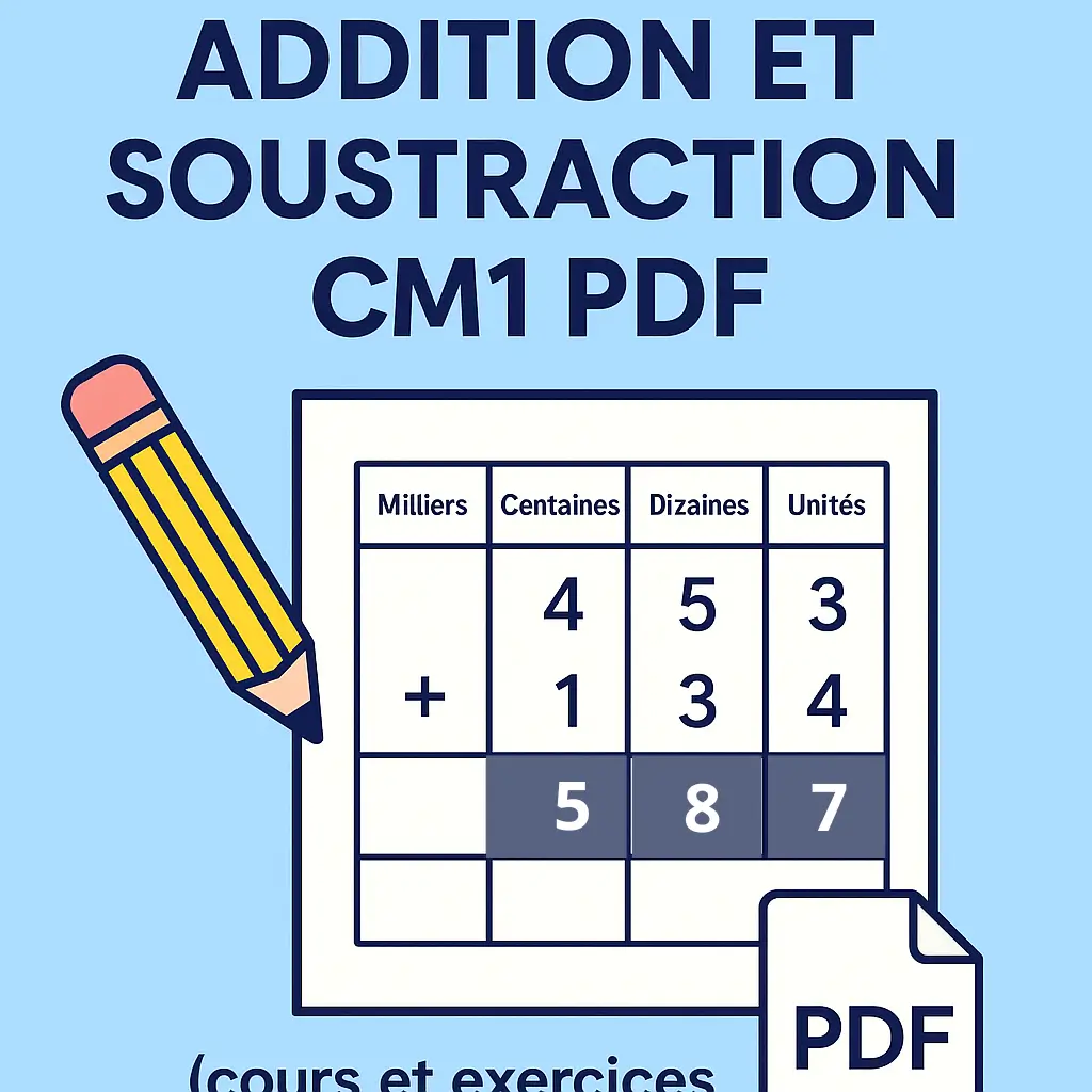 Évaluation addition et soustraction CM1 PDF à télécharger, illustration pédagogique avec tableau d’opérations
