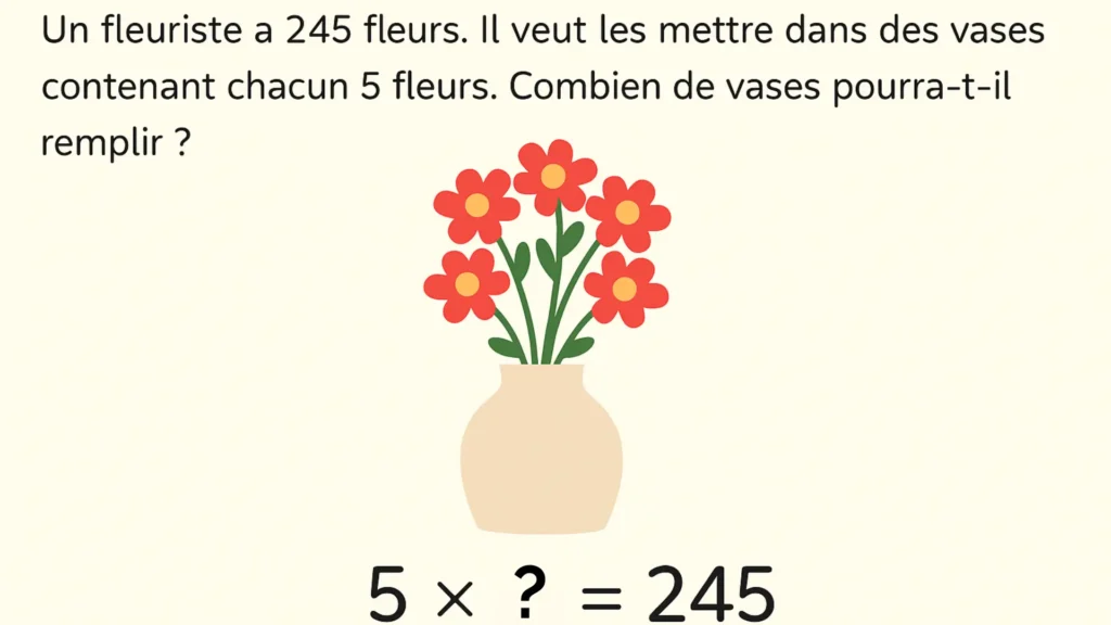 Illustration de la fiche complète de mathématiques CM2 montrant un exercice sur la division : un vase contenant 5 fleurs pour résoudre le problème « 5 × … = 245 ». Image éducative conçue pour la fiche complète de mathématiques CM2 à imprimer.