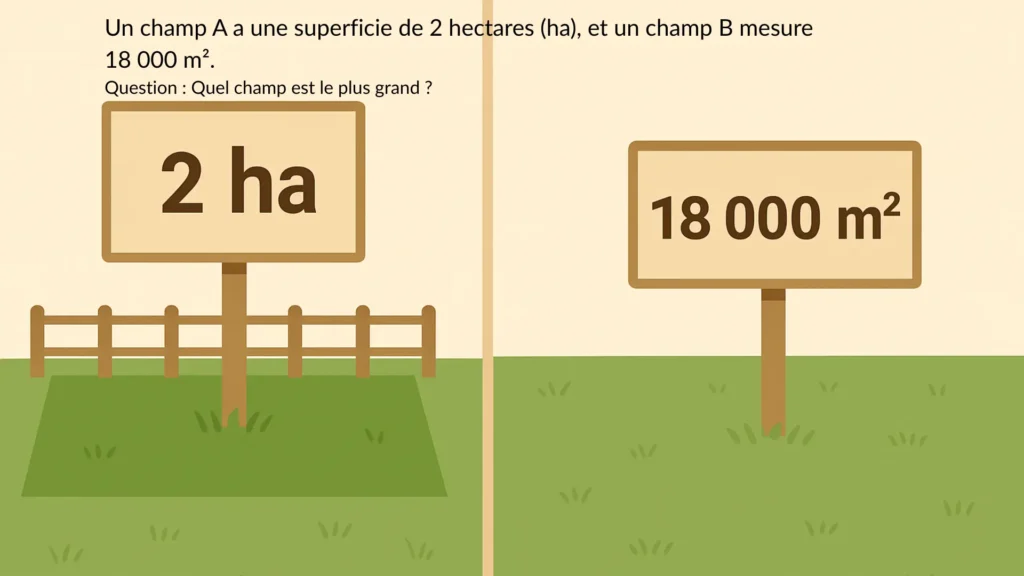 Illustration éducative montrant deux terrains côte à côte, l’un marqué 2 ha et l’autre 18 000 m², pour comparer les aires et comprendre les conversions d’unités.