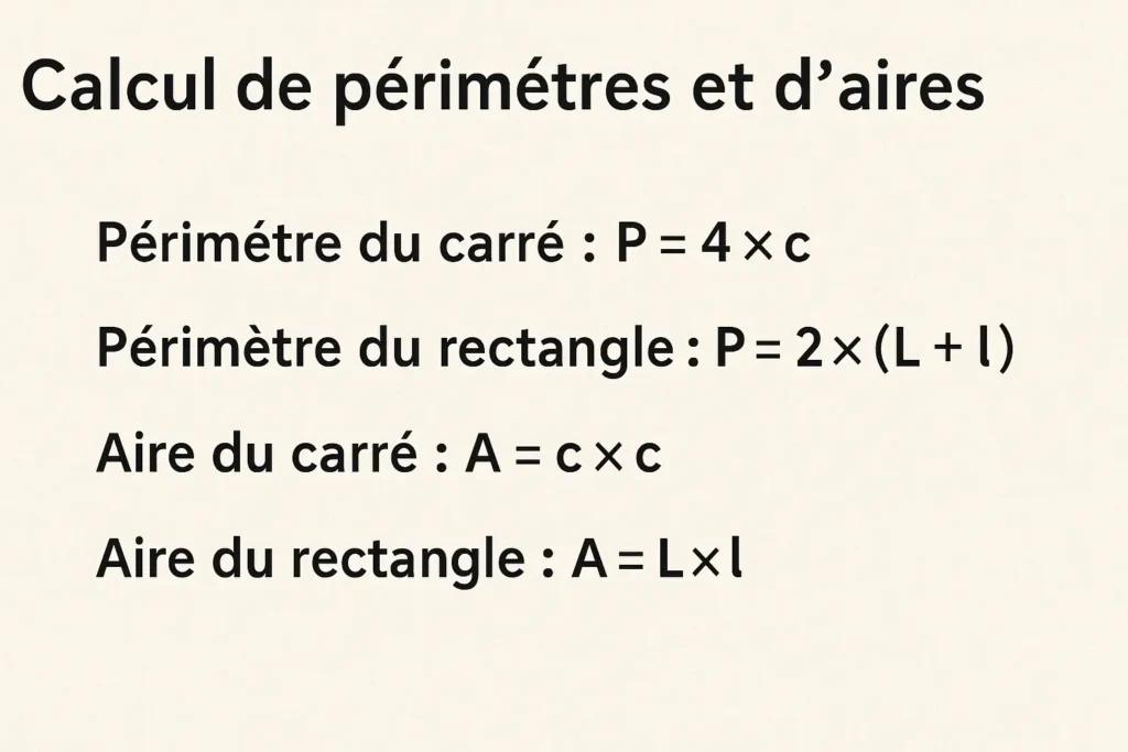 Formules du calcul de périmètre et d’aire – fiche complète de mathématiques CM2 illustrant les formules : carré (P=4×c, A=c×c) et rectangle (P=2×(L+l), A=L×l).