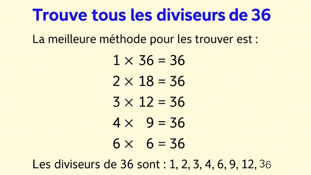 Trouver tous les diviseurs de 36 – méthode et correction expliquée pour les élèves de CM2