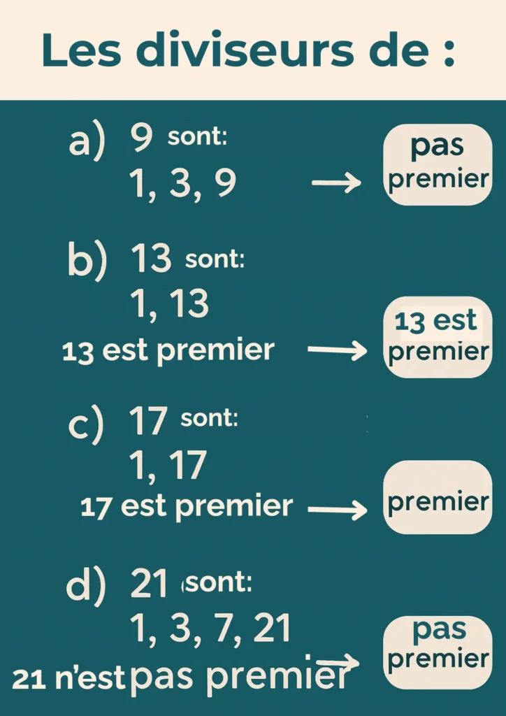 Exemple visuel sur les diviseurs et les nombres premiers CM2 montrant que 9 et 21 ne sont pas premiers, tandis que 13 et 17 sont des nombres premiers.