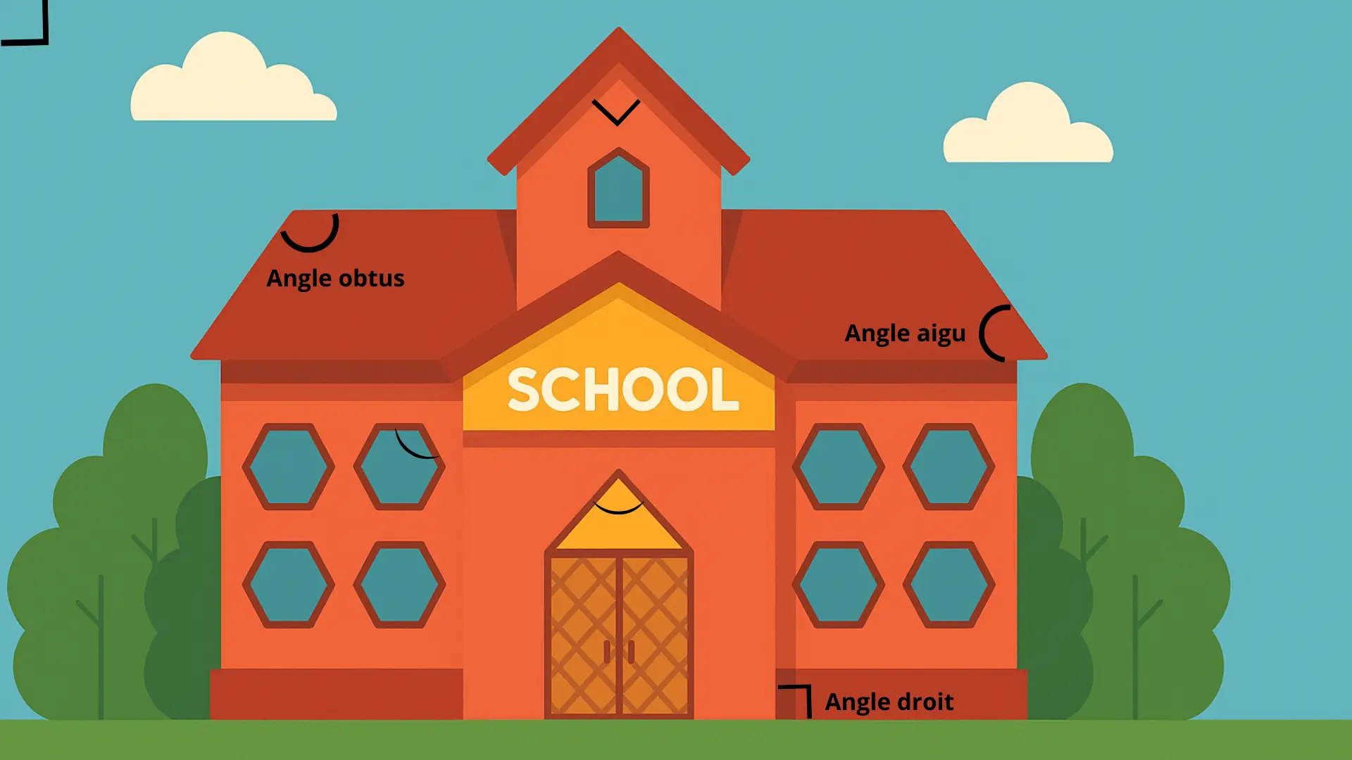 Illustration éducative représentant une école avec des fenêtres hexagonales et une porte triangulaire, servant d’image d’introduction à la leçon pour apprendre à mesurer un angle avec un rapporteur.