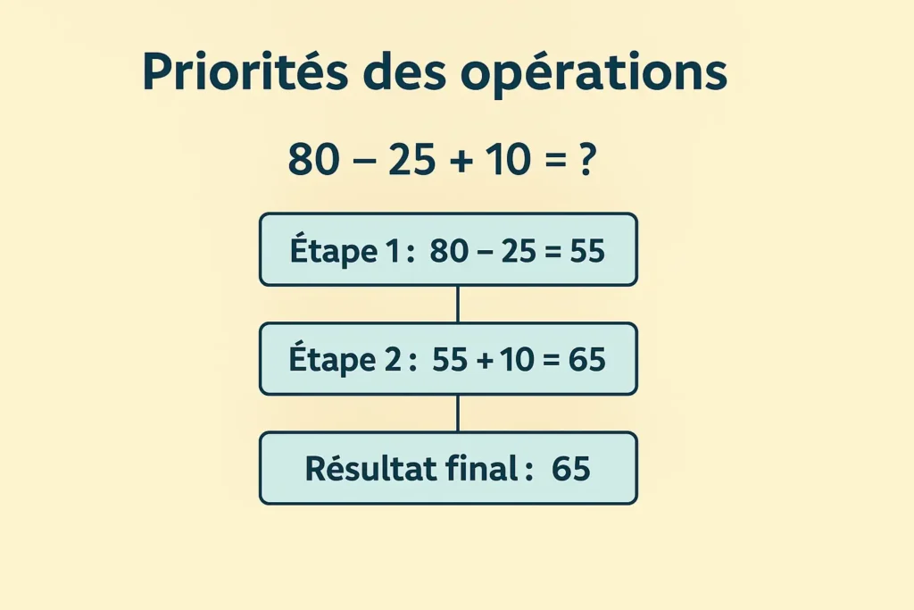 Fiche de révision opérations sur les nombres illustrant les priorités sans parenthèses : 80 − 25 + 10 = 65 expliqué étape par étape avec les calculs intermédiaires.