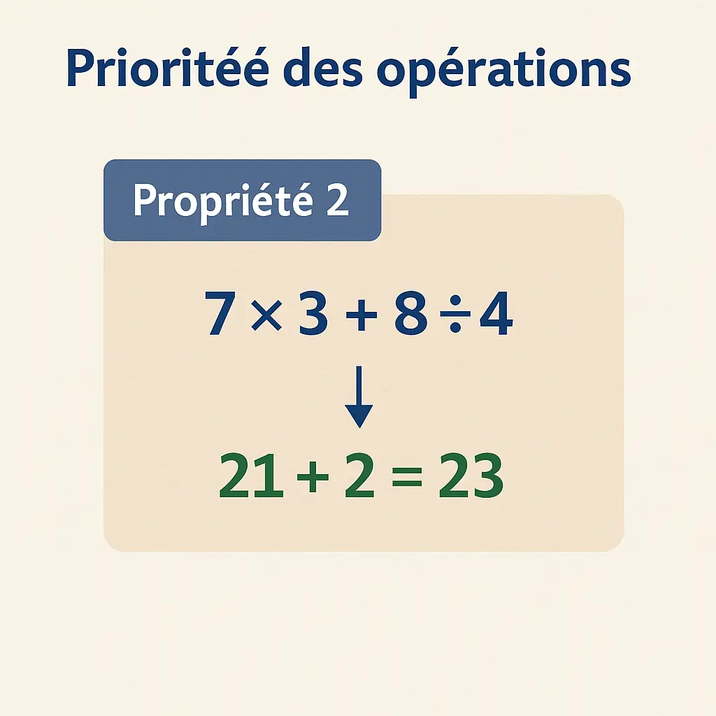 Fiche de révision opérations sur les nombres illustrant la priorité des opérations : on effectue les multiplications et divisions avant les additions et soustractions, exemple 7 × 3 + 8 ÷ 4.