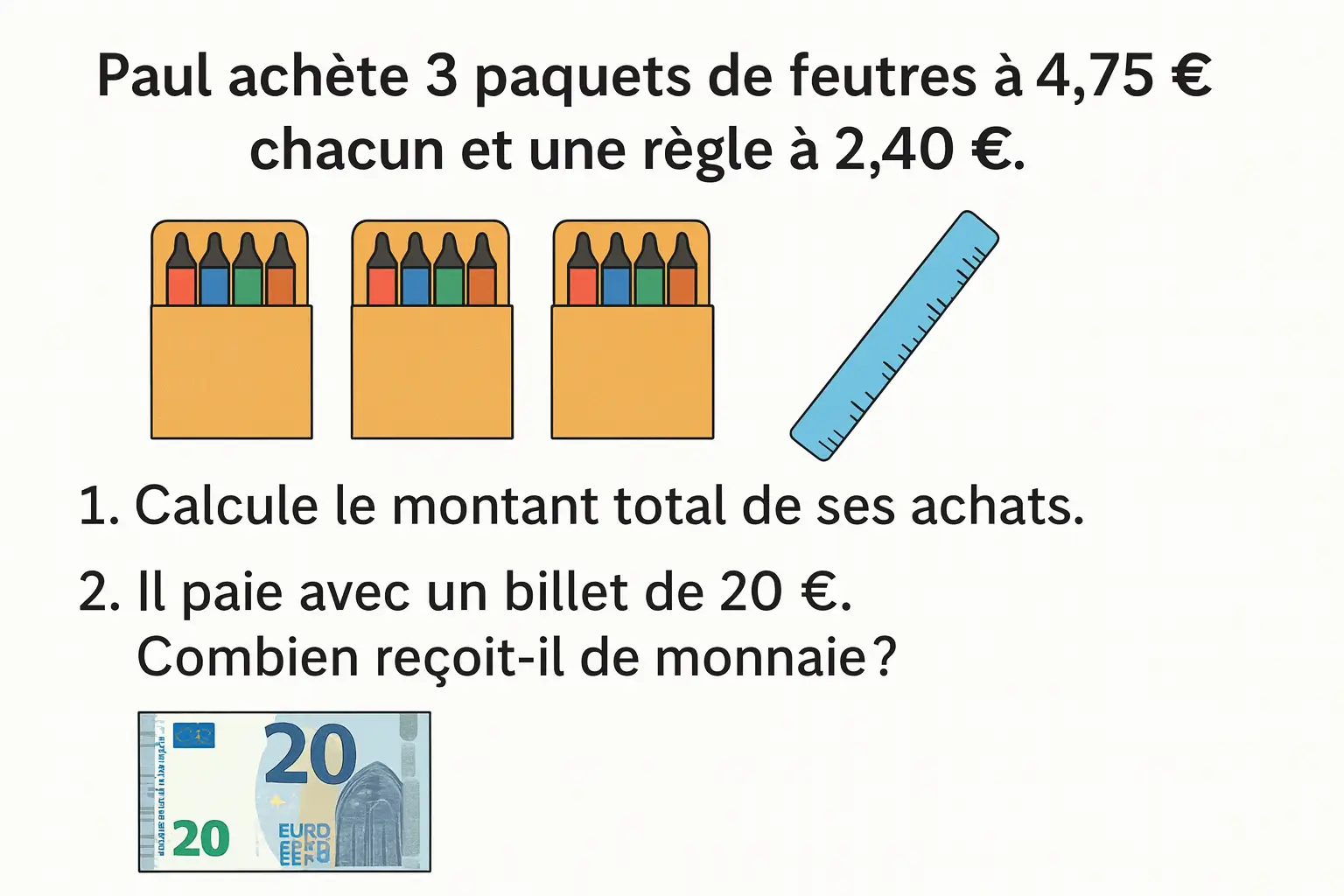 Illustration issue des fiches de révision maths CM2 gratuites : Paul achète trois paquets de feutres à 4,75 € chacun et une règle à 2,40 €, puis paie avec un billet de 20 €. Exercice de calcul pour les élèves de CM2.