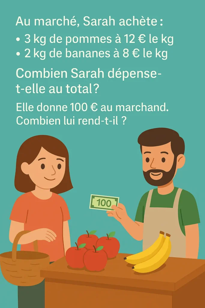 Illustration du Contrôle de mathématiques CM2 période 1 : Sarah achète des pommes et des bananes au marché. Problème de calcul sur le prix total et la monnaie rendue.