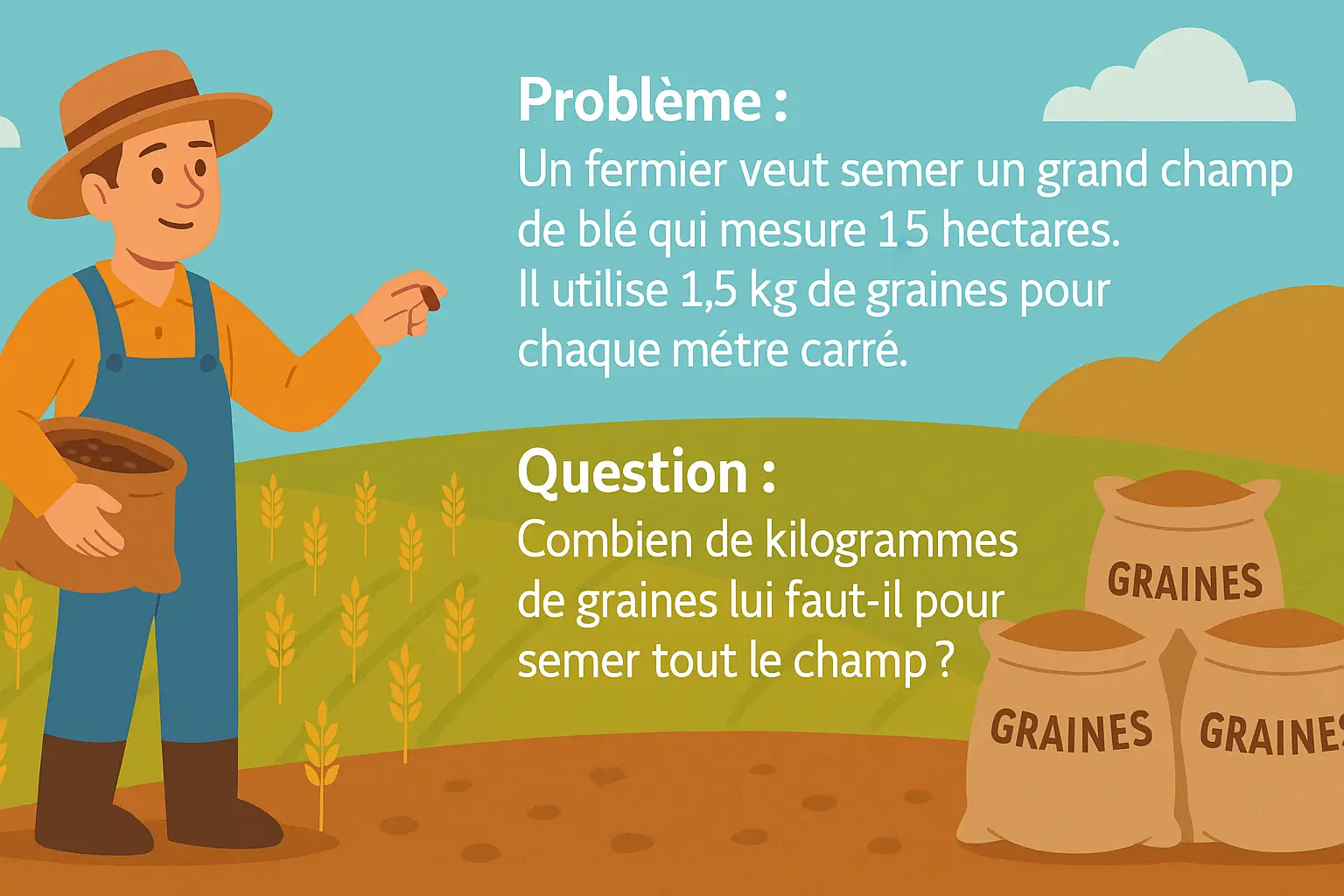 Illustration pour le Contrôle de mathématiques CM2 période 1 : un fermier sème un champ de blé de 15 hectares avec 1,5 kg de graines par mètre carré.