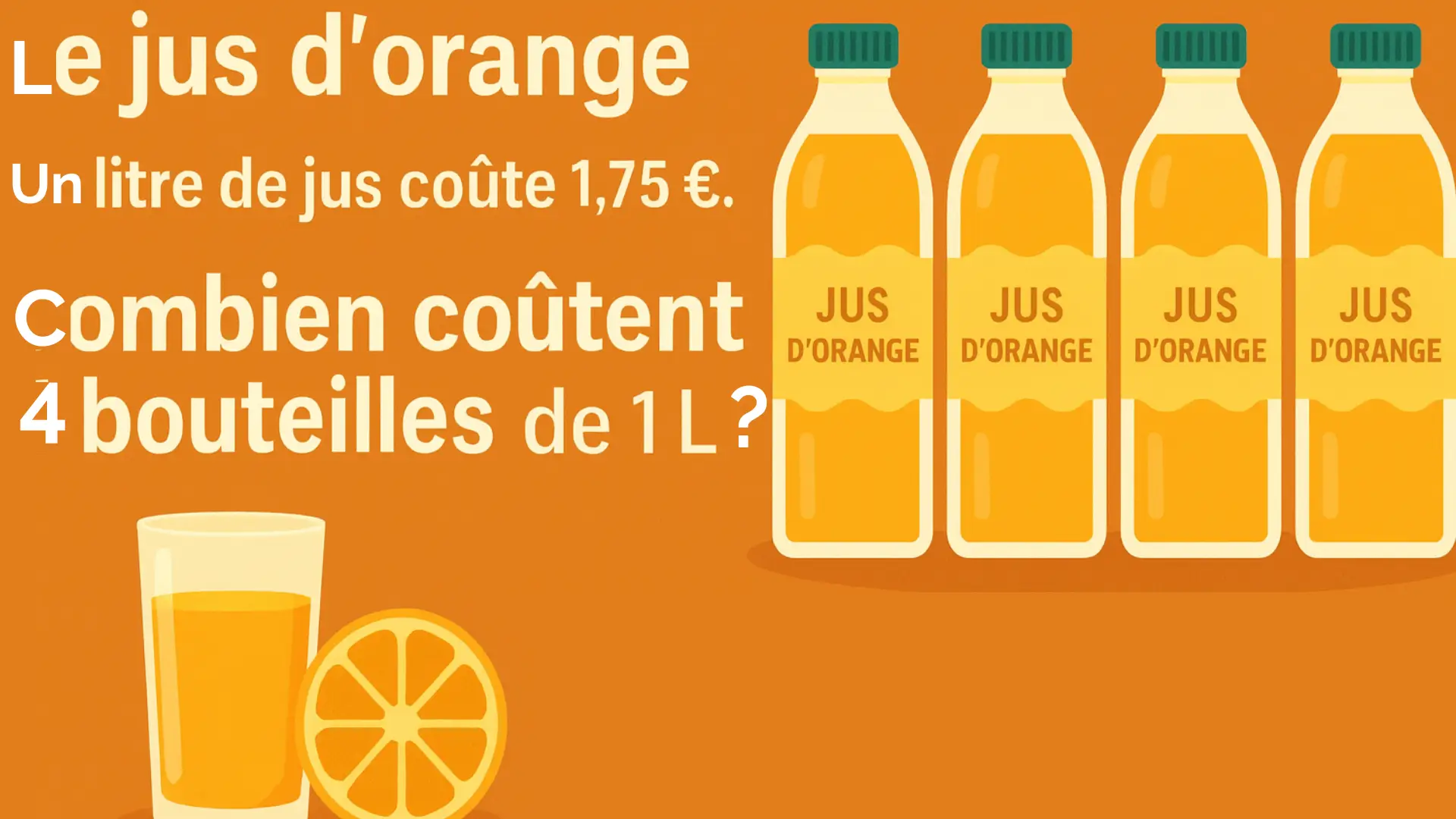 Exercices nombres décimaux CM2 – Problème de monnaie sur le jus d’orange : un litre coûte 1,75 €, calcul du prix pour 4 bouteilles.