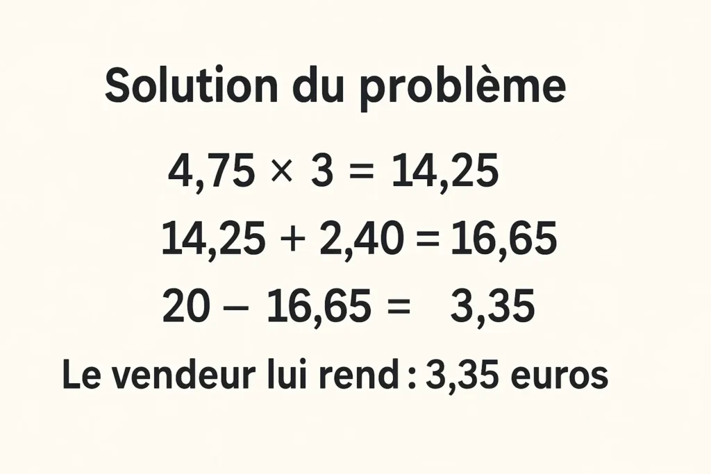 Corrigé du problème extrait des fiches de révision maths CM2 gratuites : 4,75 × 3 = 14,25 ; 14,25 + 2,40 = 16,65 ; 20 − 16,65 = 3,35. Le vendeur lui rend 3,35 euros.