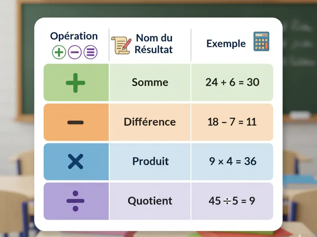 Fiche de révision opérations sur les nombres : vocabulaire des opérations en mathématiques avec exemples d’addition, soustraction, multiplication et division pour les élèves de 6ᵉ.