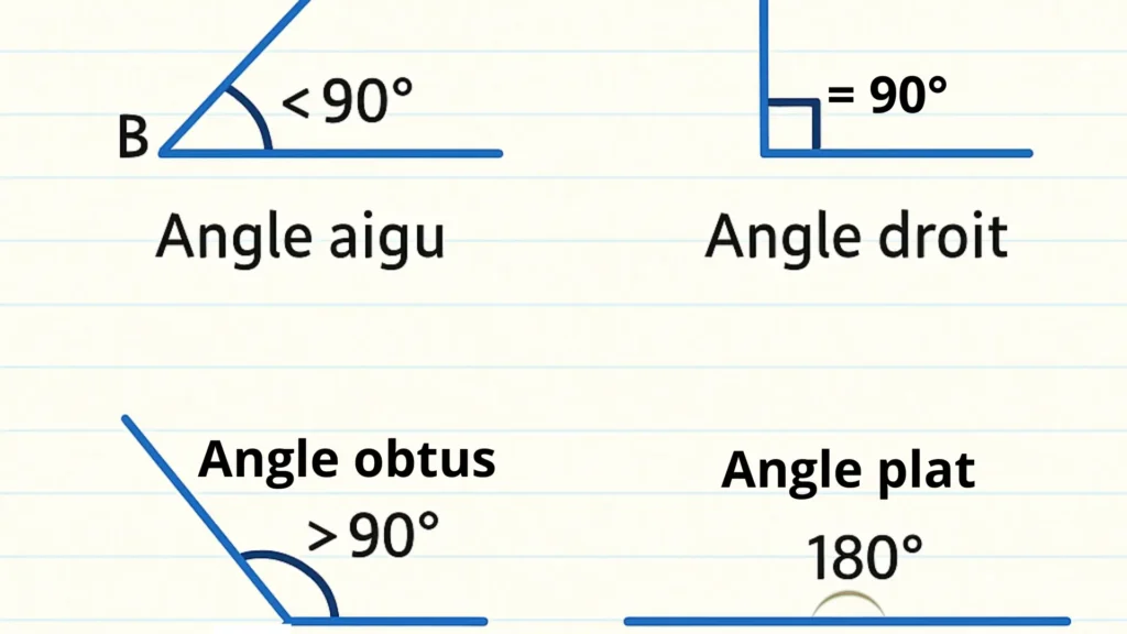 Exercices de soutien 1 CM2 sur les types d’angles : illustration éducative montrant l’angle aigu, droit, obtus et plat, avec leurs mesures.