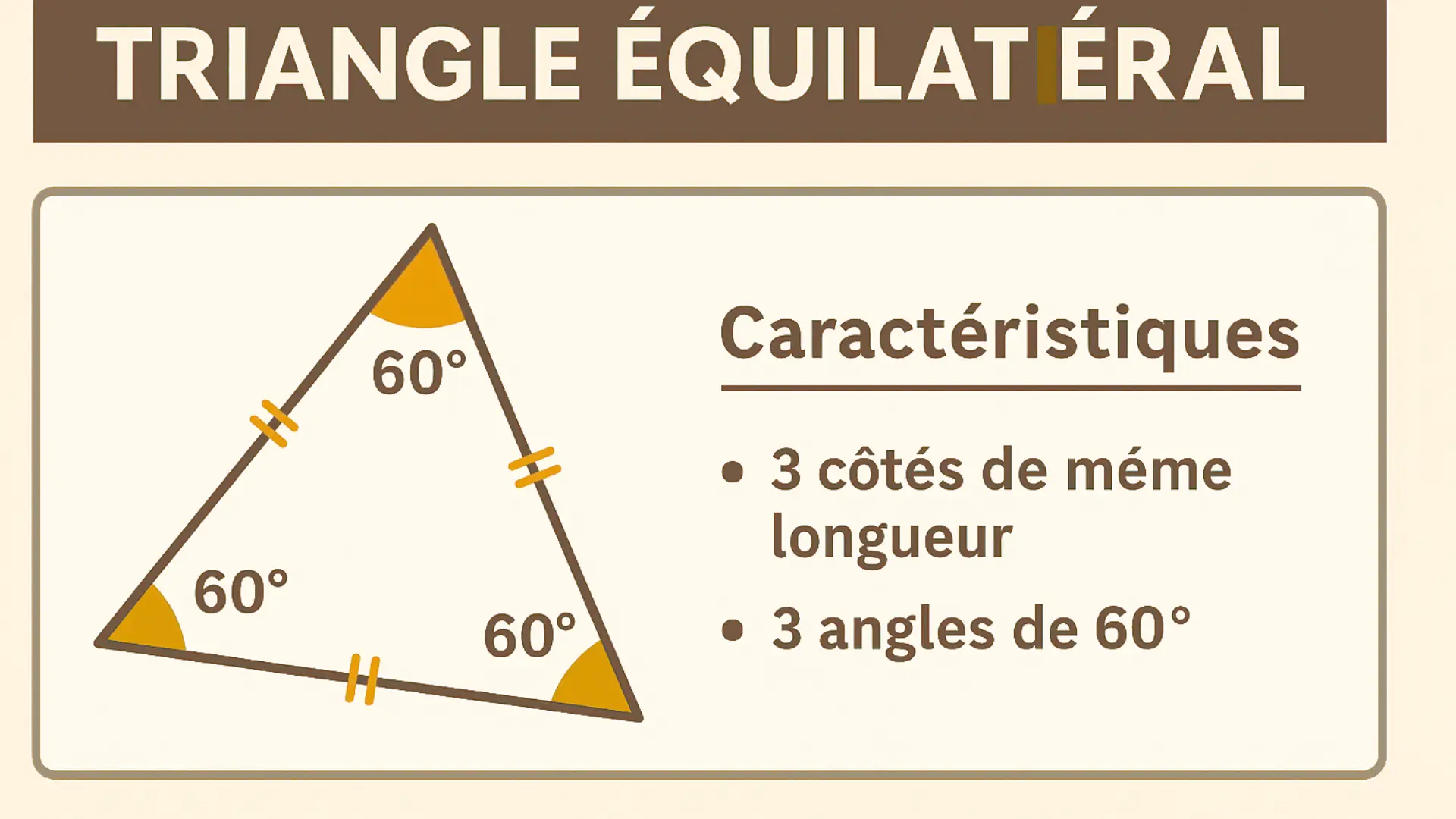Illustration éducative montrant les caractéristiques d’un triangle équilatéral pour le cours « les triangles : propriétés et construction » : trois côtés de même longueur et trois angles de 60°.