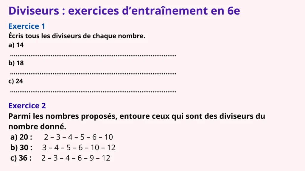Exercices de soutien sur les diviseurs en 6e avec activités pour écrire les diviseurs et identifier les diviseurs d’un nombre