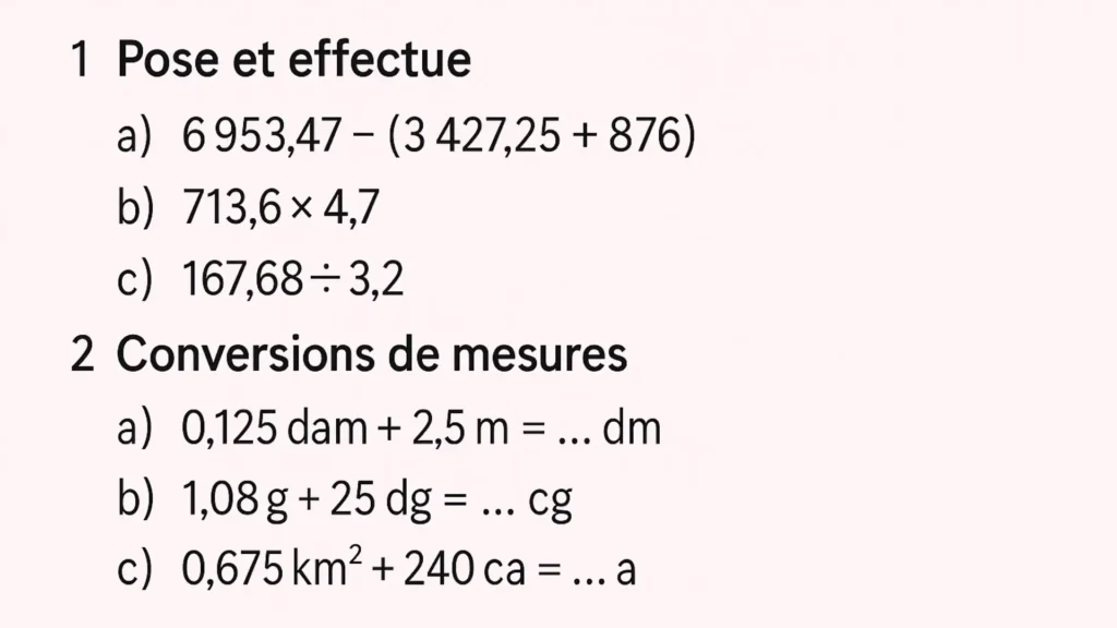 Exercices de soutien en mathématiques 6e avec calculs décimaux et conversions de mesures pour la 1re période