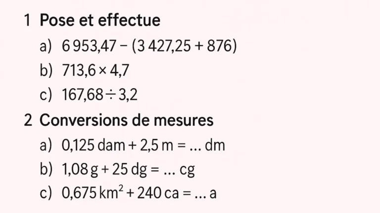 Exercices de soutien en mathématiques 6e avec calculs décimaux et conversions de mesures pour la 1re période