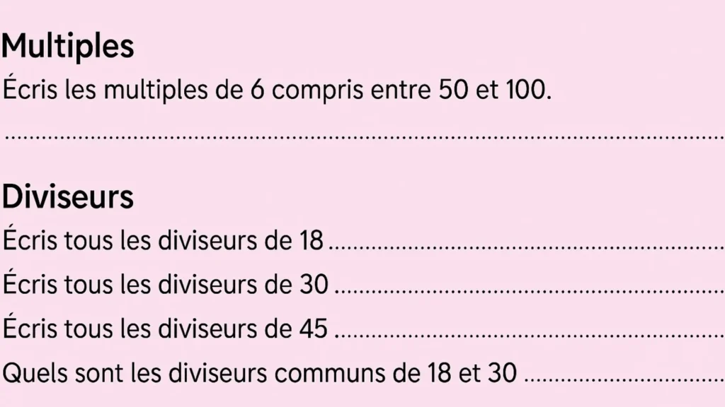 Exercices de soutien en mathématiques 6e sur les multiples et les diviseurs pour la 1re période