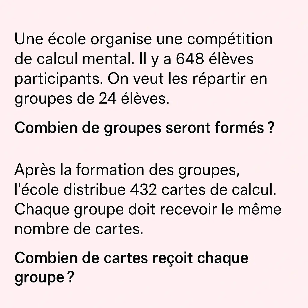 Exercices de soutien en mathématiques 6e avec un problème de partage et de division en deux étapes pour la 1re période
