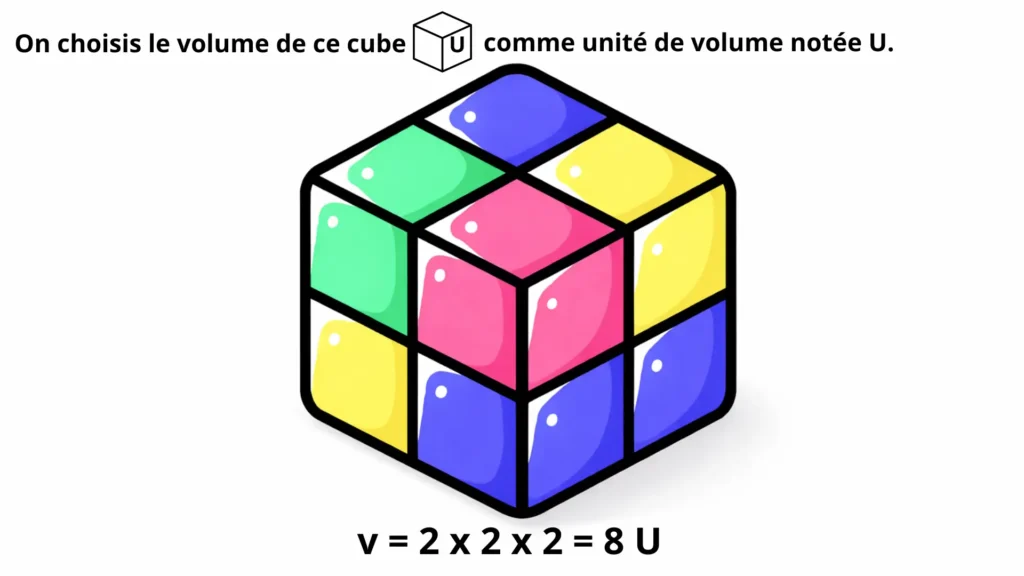 Le volume du cube et du parallélépipède expliqué à l’aide d’un cube unité U composé de 8 petits cubes