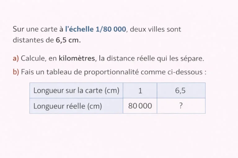 Exercice sur la proportionnalité : l’échelle d’un plan avec calcul de distance réelle à partir d’une carte et tableau de proportionnalité