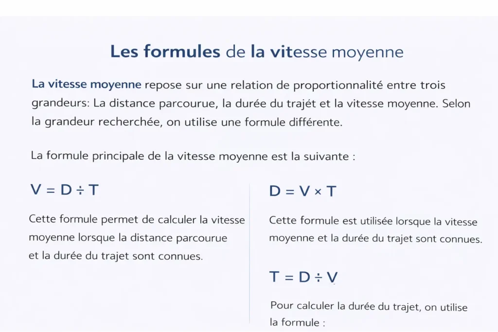La proportionnalité : la vitesse moyenne avec les trois formules essentielles pour calculer la vitesse, la distance et la durée.