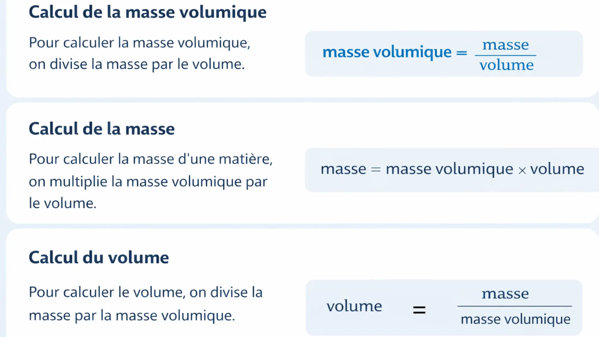 proportionnalité : la masse volumique formules calcul masse volume