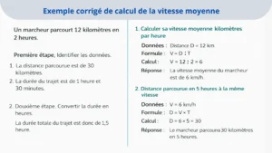 La proportionnalité : la vitesse moyenne expliquée à travers un exercice corrigé pas à pas avec calculs et formules simples.